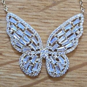 NWT, Delicate, Gold Tone Butterfly Necklace w/ 925 CZ Stones, 16"-18"